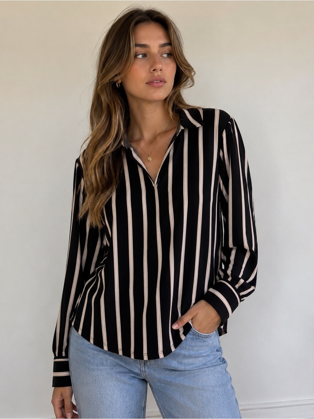 Adrianna Papell Black & Beige Striped Blouse Size Large